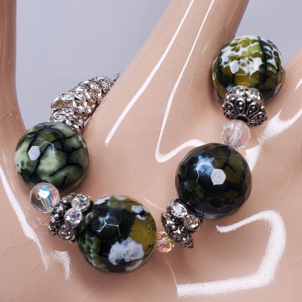 Vintage Bracelet Green Marbled Beveled Glass Beaded w/ Faux Diamonds Stretchy